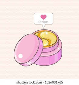 Hydrogel golden cosmetic eye patch in a pink jar. Collagen patches. Icon like in the shape of a heart. Cosmetic product for skin. Patches under the eyes. Сollagen mask. Korean cosmetics. 