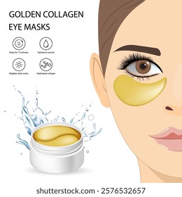 Hydrogel patches are used to moisturize and nourish the skin around the eyes. Gold cosmetic pads in a white plastic container