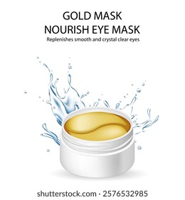 Hydrogel patches are used to moisturize and nourish the skin around the eyes. Gold cosmetic pads in a white plastic container