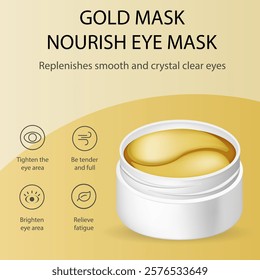 Hydrogel patches are used to moisturize and nourish the skin around the eyes. Gold cosmetic pads in a white plastic container