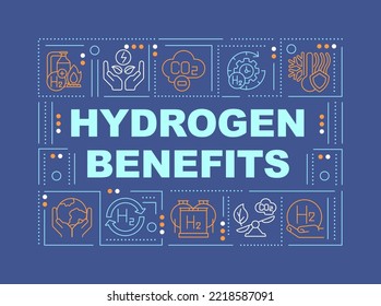 Hydrogen benefits word concepts dark blue banner. Zero carbon energy. Infographics with editable icons on color background. Isolated typography. Vector illustration with text. Arial-Black font used