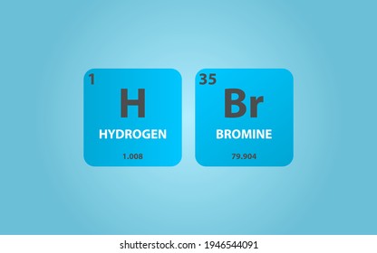 Hydrogen Bromide HBr molecule. Simple molecular formula consisting of Hydrogen, Bromine,  elements. Chemical compound simplified structure on blue background, for chemistry education

