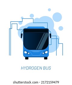 Hydrogen bus vector illustration concept. Big blue vehicle with fuel station an the city. Template for website banner, advertising campaign or news article.