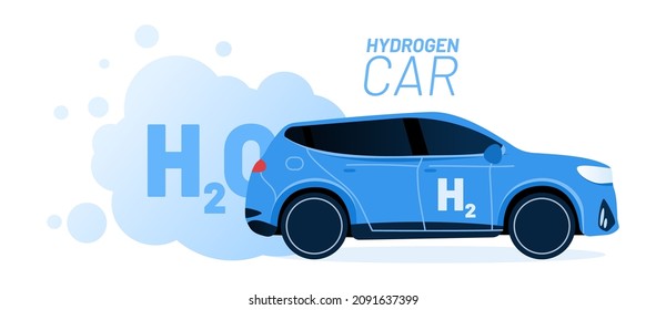 Hydrogen car and energy refill vector illustration concept. Big blue car with text H2 on the side with harmless water emission. Template for website banner, advertising campaign or news article.