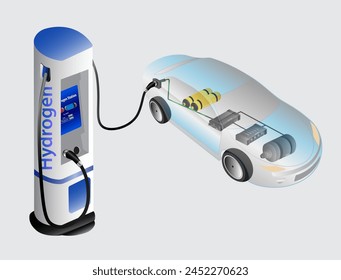 Concepto de sistema de coche de hidrógeno. Estación de carga del coche de combustible de hidrógeno. 
Depósito de hidrógeno, pila de combustible, batería y motor dentro de la Plantilla para el Anuncio de Sitio web, campaña publicitaria o artículo de noticias.