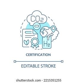 Icono de concepto turquesa de certificación de hidrógeno. Validación de la tecnología verde abstracta idea ilustración de línea delgada. Dibujo de contorno aislado. Trazo editable. Fuentes Roboto-Medium, Myriad Pro-Bold utilizadas