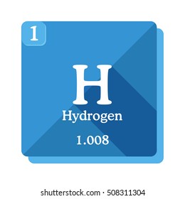 Hydrogen chemical element. Periodic table of the elements. Hydrogen icon on blue background. Vector illustration in flat style with modern long shadow. 