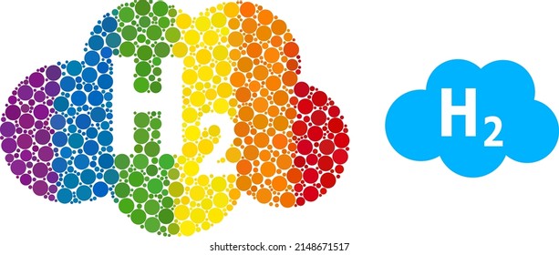 Icono de colgamiento de nubes hidrógeno de puntos esféricos en varios tamaños y espectro de colores multicolores. Una nube de hidrógeno salpicada de color LGBT para lesbianas, gays, bisexuales y transgéneros.