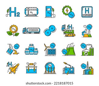 Hydrogen color icons. Green power and renewable energy simple symbols, sustainable and clean fuel outline vector icons. Truck with hydrogen gas tank, solar and wind power plant, fueling station symbol