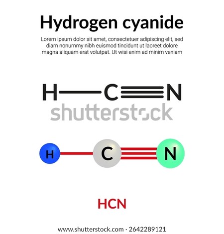 Hydrogen cyanide, or prussic acid,  chemical compound, molecular structure formula, suitable for education or chemistry science content. Vector illustration