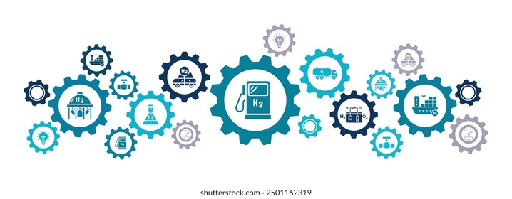 Hydrogen economy vector illustration. Concept with connected icons related to hydrogen use as fuel, in industrial processes, hydrogen storage and transport, renewable or green energy