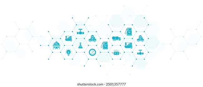 Hydrogen economy vector illustration. Concept with connected icons related to hydrogen use as fuel, in industrial processes, hydrogen storage and transport, renewable or green energy