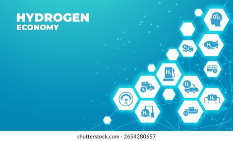 Hydrogen economy vector illustration. Concept with connected icons related to hydrogen use as fuel, in industrial processes, hydrogen storage and transport.