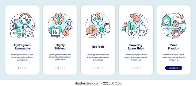 Hydrogen energy benefits onboarding mobile app screen. Green fuel pros walkthrough 5 steps editable graphic instructions with linear concepts. UI, UX, GUI template. Myriad Pro-Bold, Regular fonts used