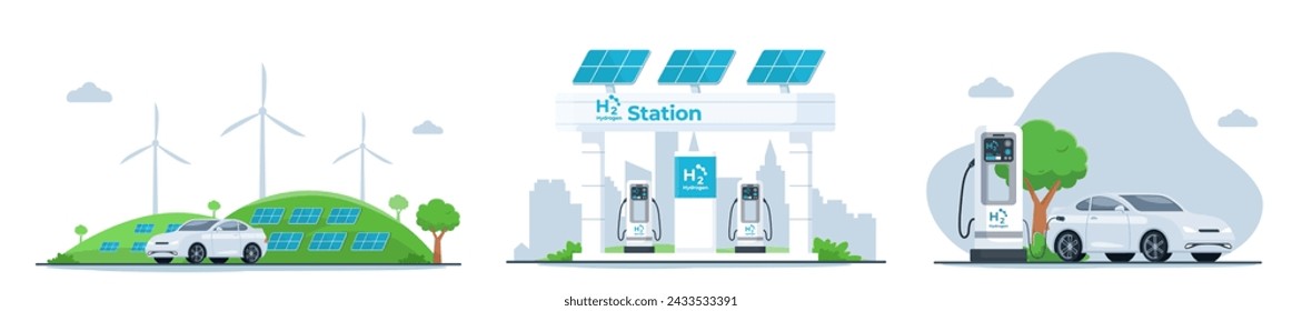 Ilustración vectorial de coche de energía de hidrógeno. un coche entre colinas con paneles solares y turbinas eólicas. estación de combustible de hidrógeno con paneles solares en su techo. un coche repostando hidrógeno en la estación 