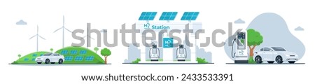 Hydrogen energy car vector illustration set. a car among hills with solar panels and wind turbines. hydrogen fueling station with solar panels on its roof. a car refueling hydrogen on the station 