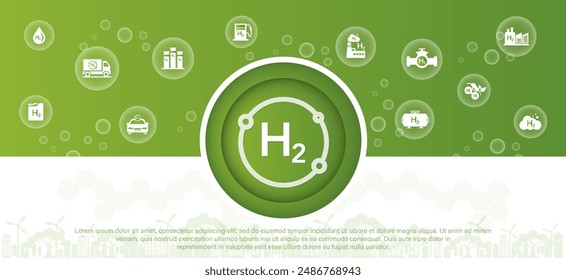 Wasserstoffenergiekonzept, Umwelt, umweltfreundliche Industrie und alternative Energie. Verringerung der Treibhausgasemissionen. Grüne Vektorillustration.