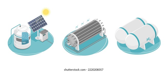 hydrogen energy concept power plant green power ecology system production with solar cell diagram isometric isolate vector on white background