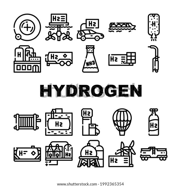 Hydrogen Energy Gas Collection Icons Set\
Vector. Hydrogen Fuel Station And Cylinder, Solar Panel Production\
And Factory Manufacturing Contour\
Illustrations