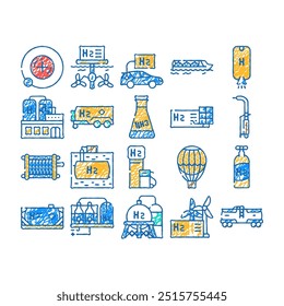 hidrogênio energia gás doodle ícones conjunto vetor. esboço linha arte estação de combustível de hidrogênio e cilindro, produção de painel solar e fábrica de ilustrações contorno