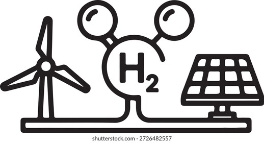 Icono de energía de hidrógeno con moléculas y paneles solares para la generación de energía sostenible y la Tecnología de cero emisiones