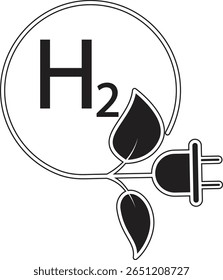 Ícone de plugue de energia a hidrogênio com H2 e folha representando fonte de combustível limpa e sistema de carregamento ecológico com fundo transparente