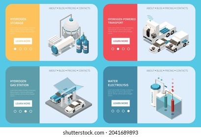 Hydrogen energy powered transport gas station storage tank water electrolysis 4 isometric web banners concept vector illustration