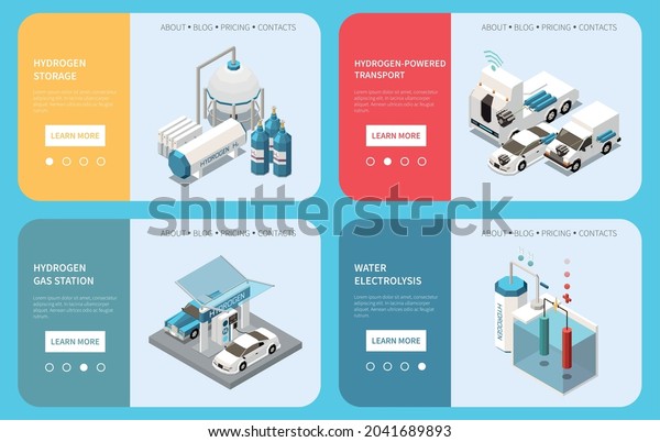Hydrogen energy powered transport gas\
station storage tank water electrolysis 4 isometric web banners\
concept vector\
illustration