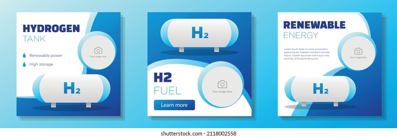 Hydrogen energy social media post, square banner set, H2 renewable fuel advertisement concept, futuristic tank marketing ad, zero emission abstract print, isolated on background.