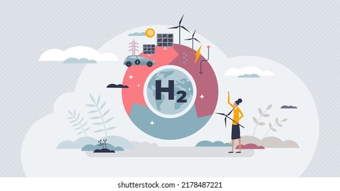 Hydrogen energy solution or H2 electricity as renewable power tiny person concept. Reuse ecological and nature friendly sources vector illustration. Alternative solar or wind gas source reuse cycle.