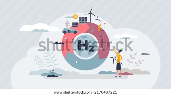Hydrogen energy solution or H2 electricity as\
renewable power tiny person concept. Reuse ecological and nature\
friendly sources vector illustration. Alternative solar or wind gas\
source reuse cycle.