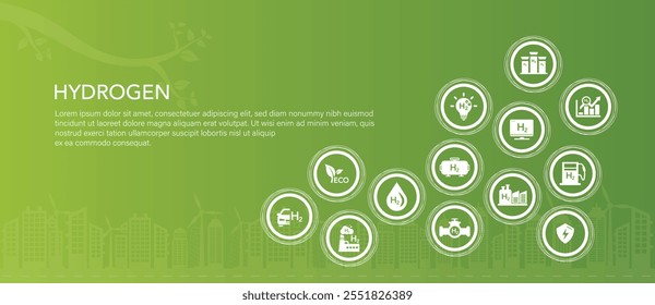 Ilustração do vetor de energia de hidrogênio. Concept ambiente, indústria eco-amigável e energia alternativa. Reduzir as emissões de gases de efeito estufa, ecologia, tecnologia de hidrogênio verde.