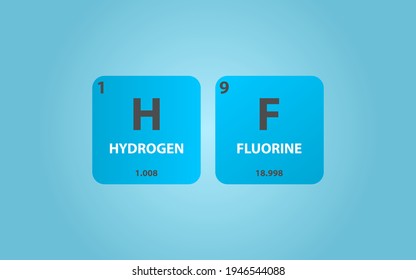Hydrogen Fluoride HF molecule. Simple molecular formula consisting of Hydrogen, Fluorine,  elements. Chemical compound simplified structure on blue background, for chemistry education
