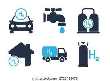 Conjunto de iconos de aplicación y distribución de combustible de hidrógeno. Iconos de la serie de glifos sólidos