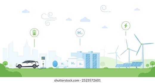 Recargo de coches de pila de combustible de hidrógeno en una estación alimentada por turbinas eólicas y paneles solares. Los tanques de hidrógeno almacenan energía limpia, reduciendo las emisiones. Perfecto para el transporte sostenible. fondo de la ciudad