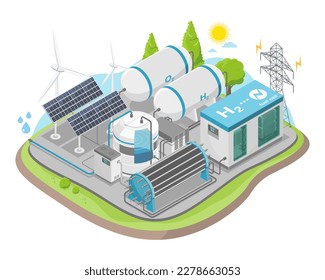 hydrogen fuel cell ecology concept h2 energy power plant green power ecology system illustration isometric isolated vector isometric