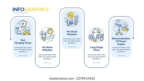 Hydrogen fuel cells pros rectangle infographic template. Renewable power. Data visualization with 5 steps. Editable timeline info chart. Workflow layout with line icons. Lato Bold, Regular fonts used