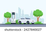 Hydrogen fuel charging station with car. The white electric hydrogen car concept in the city of the future in refueling station. Clean energy. flat illustration of the car refueling concept 