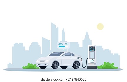 Hydrogen fuel charging station with car. The white electric hydrogen car concept in the city of the future in refueling station. Green energy. flat illustration of the car refueling concept 