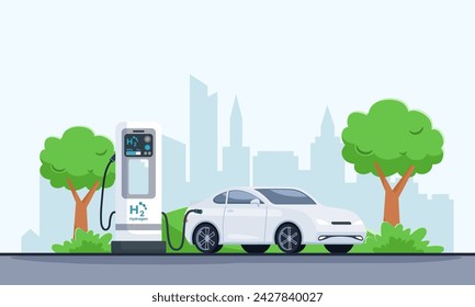 Estación de carga de combustible de hidrógeno con coche. El concepto de coche de hidrógeno eléctrico blanco en la ciudad del futuro en la estación de repostaje. Energía limpia. ilustración plana del concepto de repostaje de automóviles 