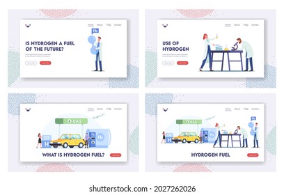 Hydrogen Fuel Landing Page Template Set. Characters Refueling Car On Station. Man Pump Petrol For Charging Auto. Vehicle Filling Service, Green Energy, Biodiesel. Cartoon People Vector Illustration