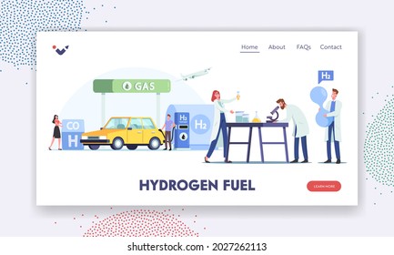 Hydrogen Fuel Landing Page Template. Characters Refueling Car On Station. Man Pump Petrol Or Gas For Charging Auto. Vehicle Filling Service, Green Energy, Biodiesel. Cartoon People Vector Illustration