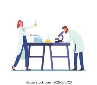 Hydrogen Fuel Producing in Chemical Laboratory Concept. Scientist with Microscope and Flasks Scientific Research, Alternative Biodiesel Investigation Process in Lab. Cartoon People Vector Illustration