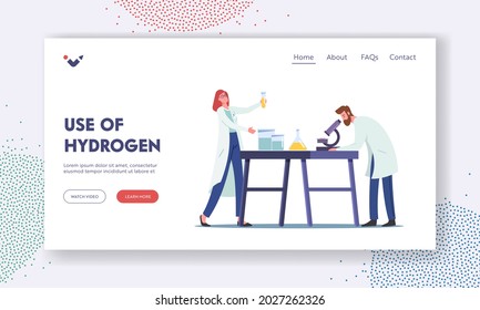 Hydrogen Fuel Producing in Chemical Laboratory Landing Page Template. Scientist with Microscope and Flasks Scientific Research, Alternative Biodiesel Investigation. Cartoon People Vector Illustration