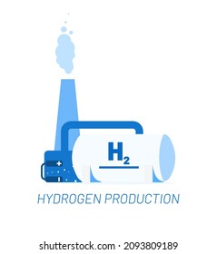 Hydrogen fuel production vector illustration concept. Scheme with hydrogen tank and electrolysis equipment. Template for website banner, advertising campaign or news article.