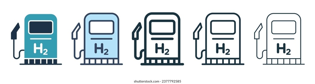 Hydrogen fuel pump sign icon set. Car h2 green gas station vector icon for ui designs.