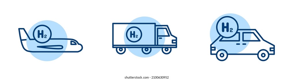 Hydrogen Fuel Vehicle Icon Set, Green Energy, Zero Emission Transport Car, Truck And Airplane, H2 Based Transportation, Isolated On White Background.