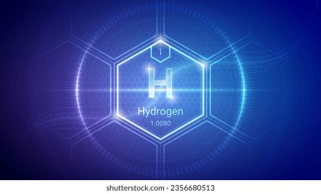 Hidrógeno (H) No Metal - Elemento fundamental Futurista Neón Luminoso Hexagón Diseño de Fondo de Cuadrícula - Tabla periódica, Símbolo químico, nombre, Masa atómica, Número atómico