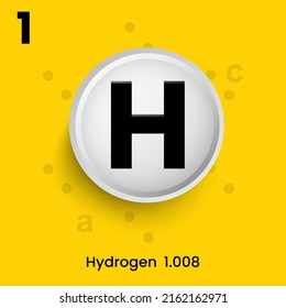 Hydrogen (H) The Chemical Element Of The  Periodic Table With The Symbol H And Atomic Number 1.Vector Icon Illustration Placed In The White Button With Crystal Structure Hexagonal In Yellow Background