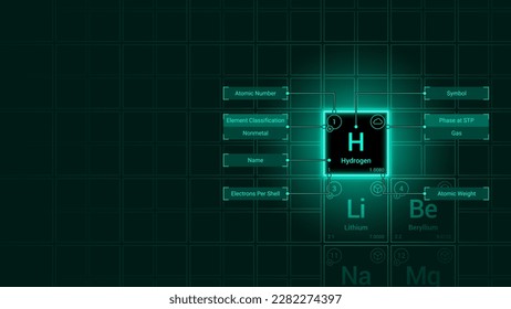 Hydrogen (H) Element Neon Light Glow Square Grid Background Design - Periodic Table, Chemical Symbol, Name, Atomic Weight, Atomic Number, Electron Shells, Classification, Phase at STP